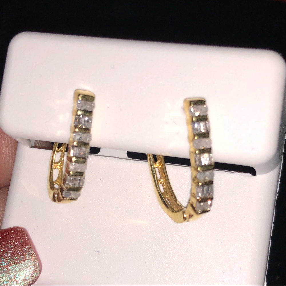 Beautiful Certified Real Diamond Baguette Hoops - Picture 2 of 7